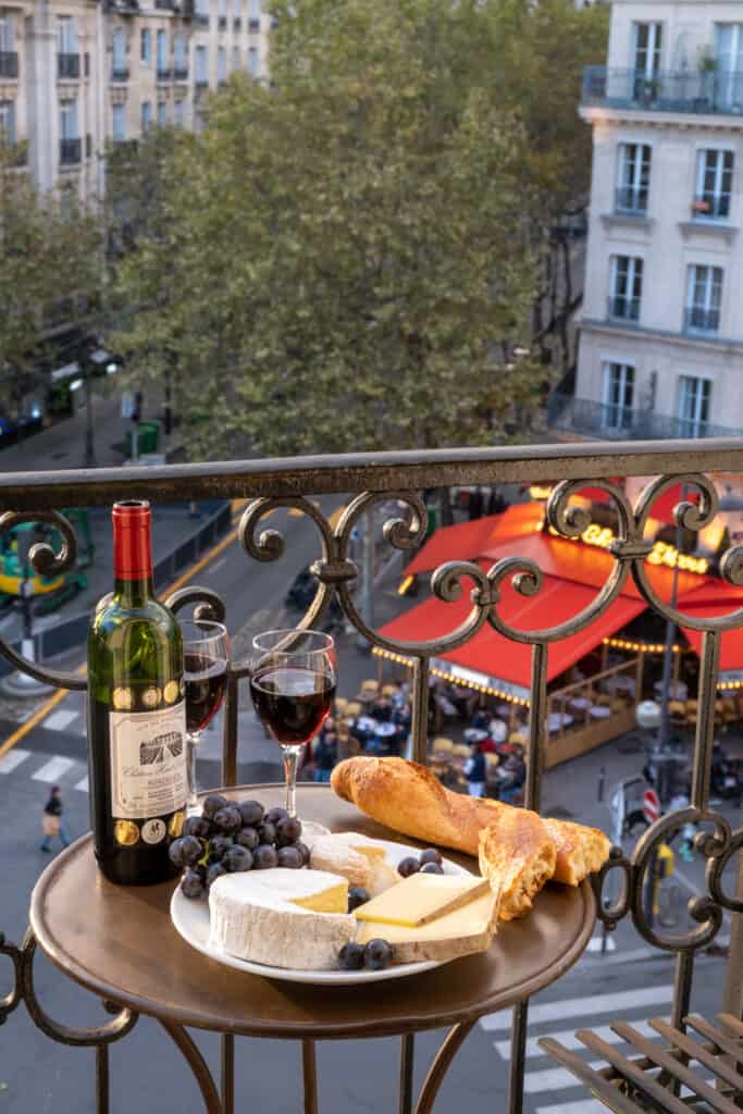 wine and cheese on Paris balcony