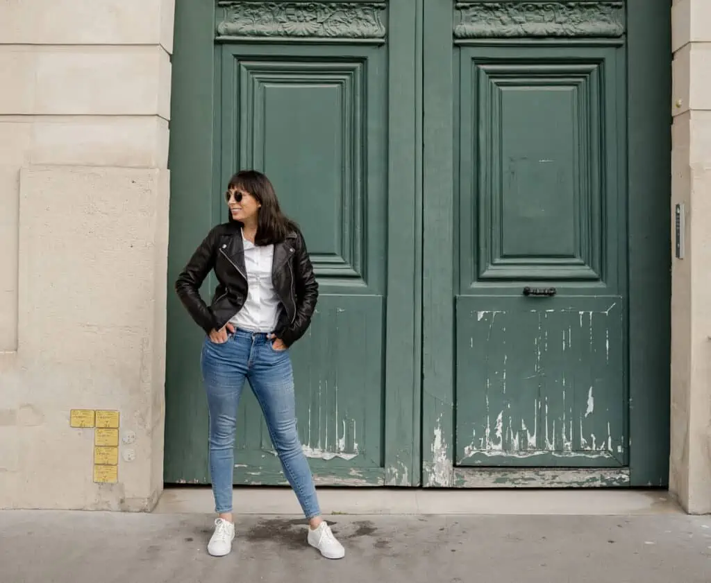 Madewell sneakers and leather jacket for Paris in the spring
