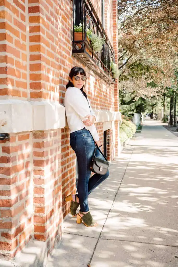 Sézane Claude bag and Betty cardigan in white