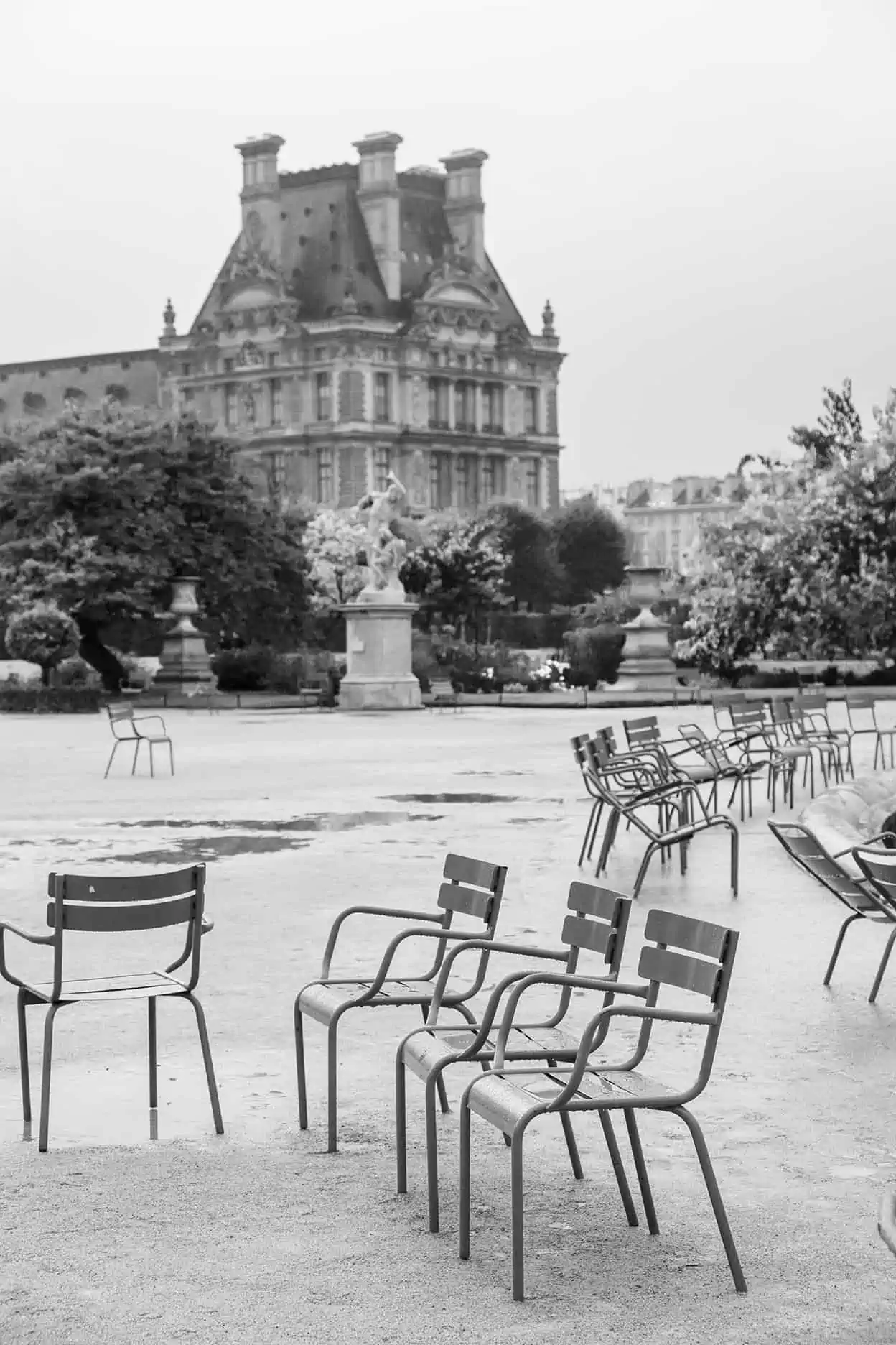 tuileries rainy in black and white everyday parisian