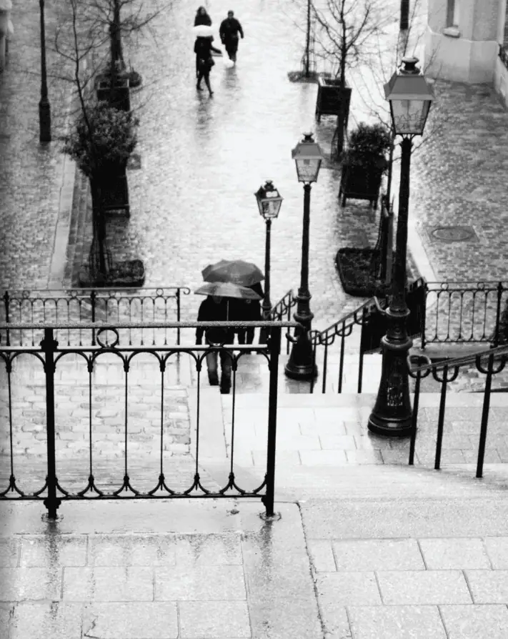 Paris black and white in the rain