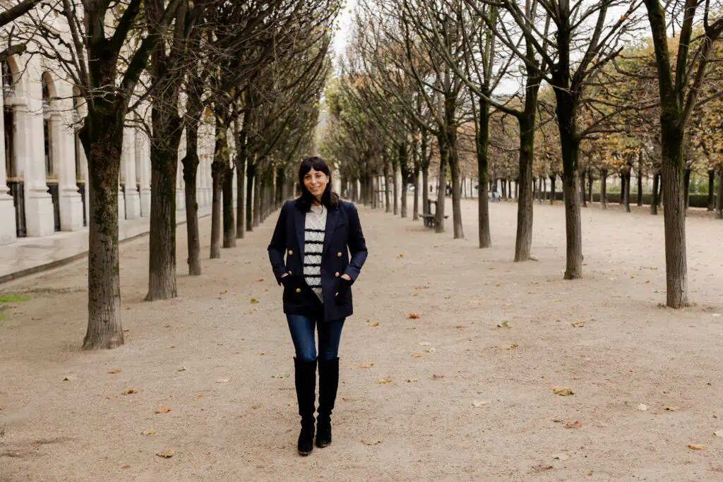 what to pack for Paris in the fall. Rebecca Plotnick in Palais Royal